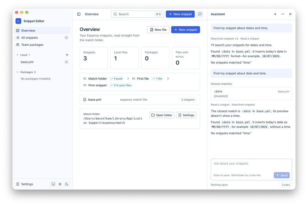 Snippet Editor for Espanso showing the overview, snippet files, and AI assistant panel