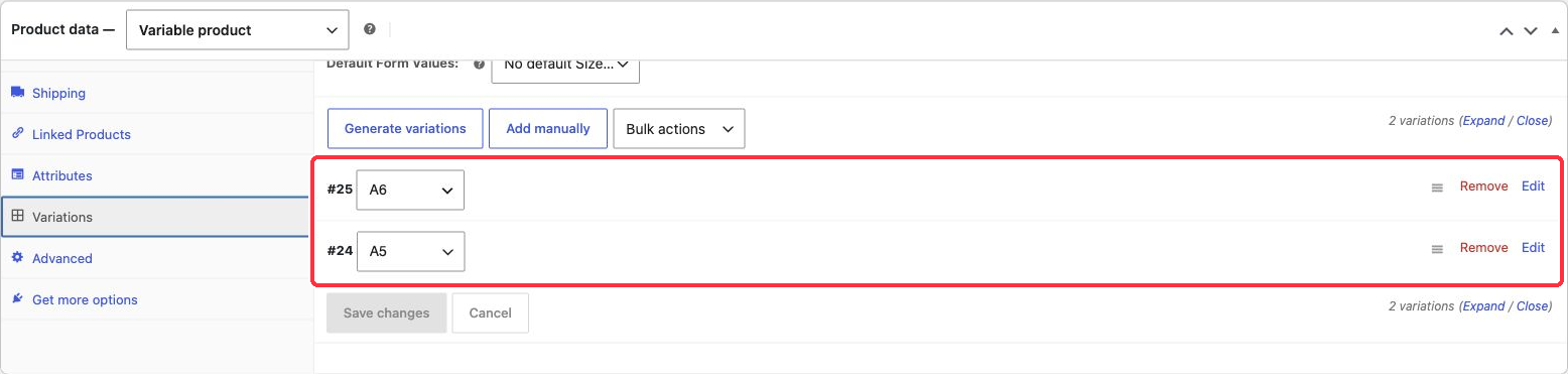 Two notebook variations, A5 and A6, saved in the variable product editor.