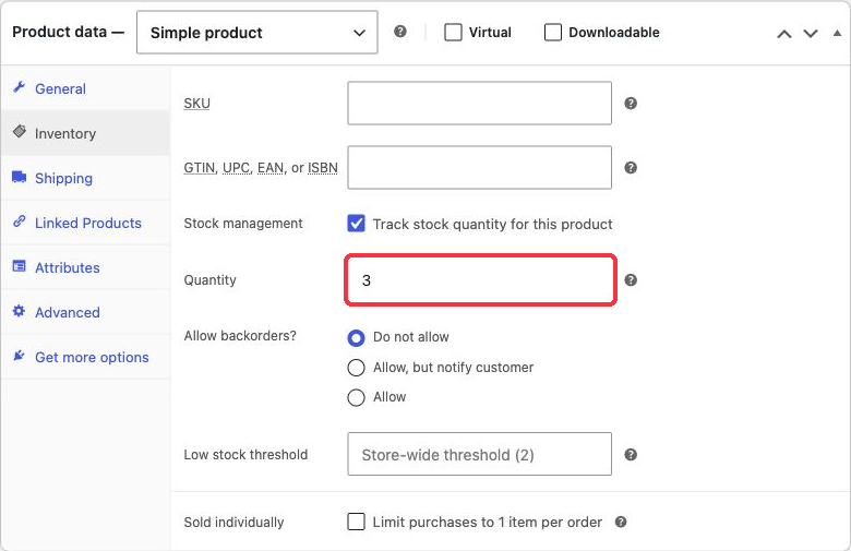 WooCommerce inventory settings with stock quantity 3 and backorders disabled.