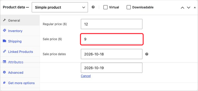 Regular price 12, sale price 9 and scheduled sale dates in product settings.