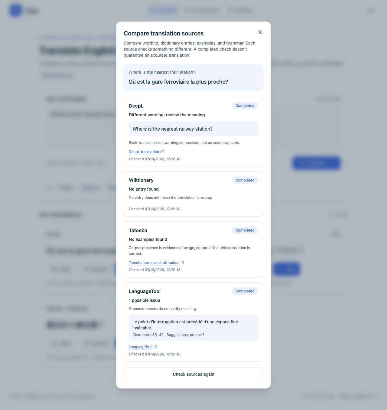 Lingo source checks showing wording, missing entries and a grammar issue
