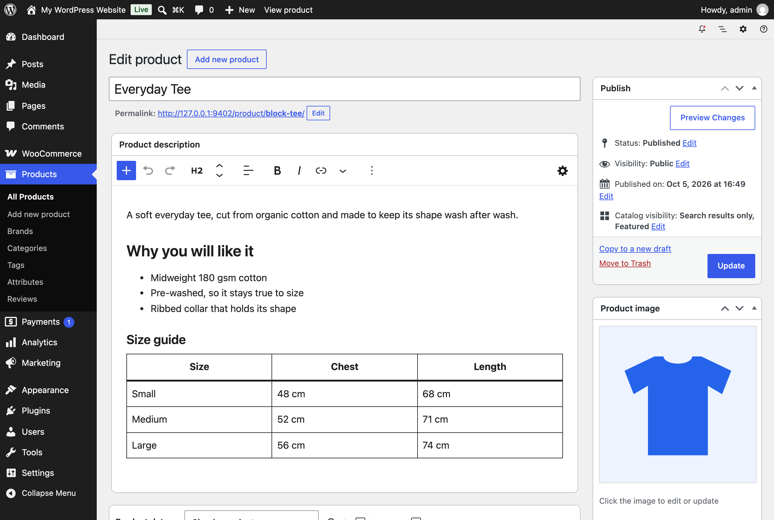 WooCommerce Edit product screen for a T-shirt. The Product description box is a block editor with a toolbar, a paragraph, a heading, a list and a size guide table.