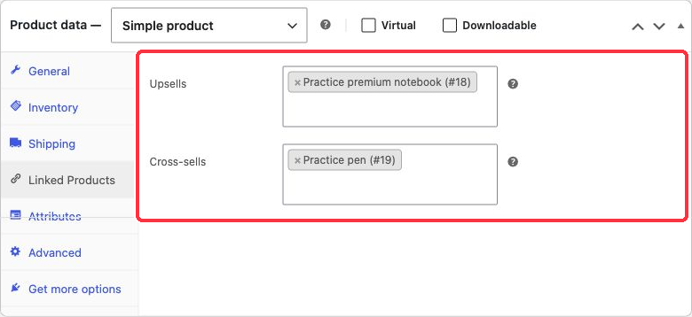 Linked product settings showing a premium notebook upsell and pen cross-sell.