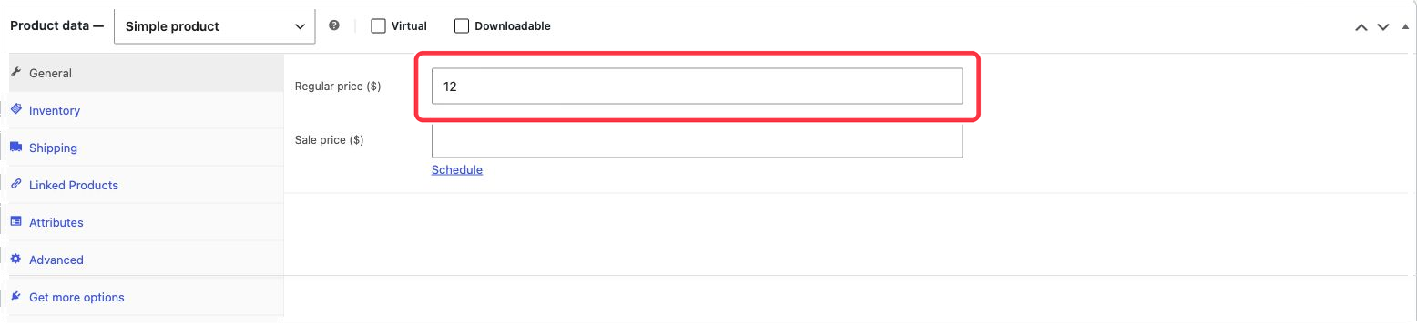 Simple product settings with the Regular price field highlighted and set to 12