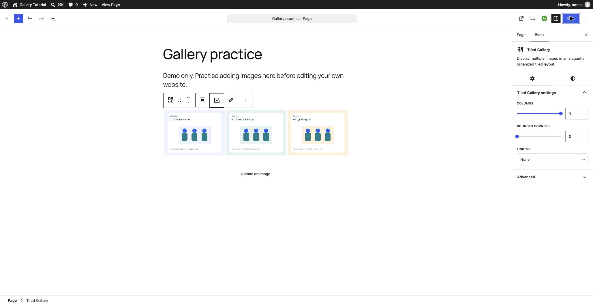 The selected Tiled Gallery and its Edit Gallery toolbar control