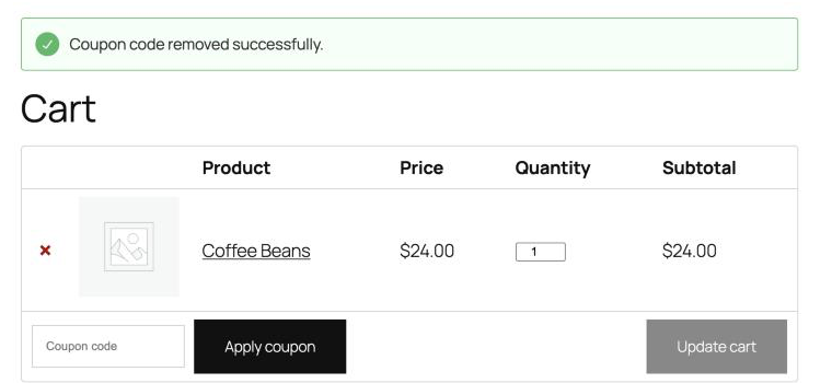 Classic WooCommerce cart with the patch showing: Coupon code removed successfully.