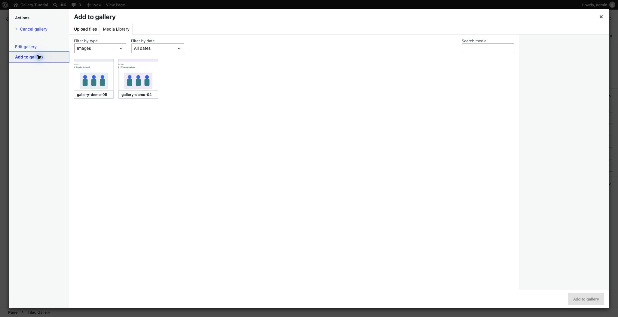 The Add to gallery tab and available images