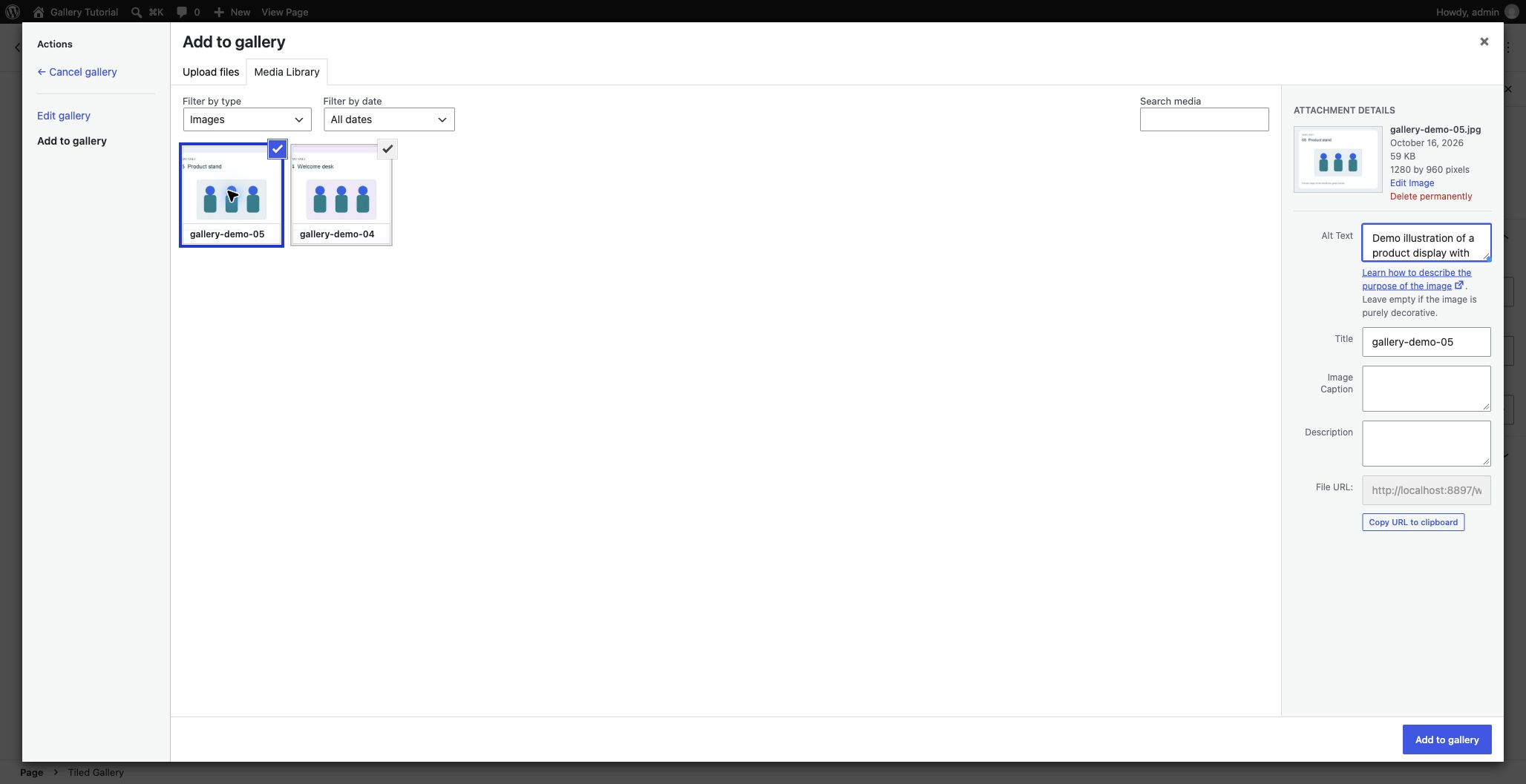Selected photos and the Add to gallery confirmation button