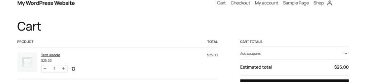WooCommerce Cart page on Twenty Twenty-Five. The Cart title lines up with the left edge of the cart table.