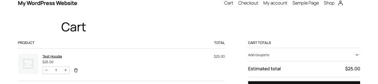 WooCommerce Cart page on Twenty Twenty-Five. The Cart title starts further in than the cart table below it.