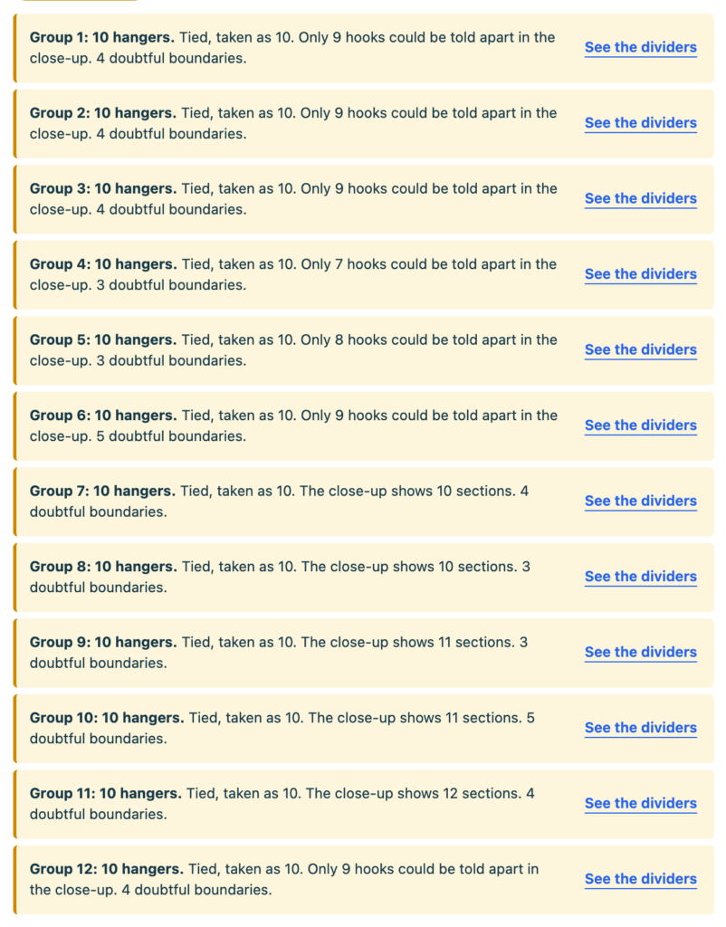 The list of twelve groups, each with its count, the reason for it and a link to see the dividers