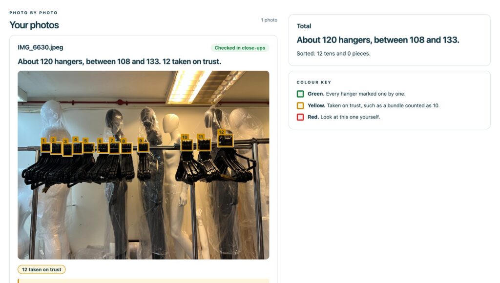 Hanger Count showing a rail photo with twelve yellow boxes, one on each bundle of hangers, and a total of about 120 hangers, between 108 and 133