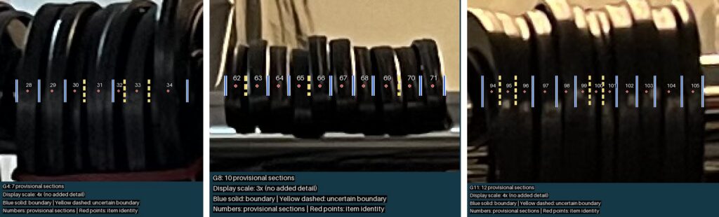 Three close-ups of tied bundles showing 7, 10 and 12 numbered sections between blue and dashed yellow lines